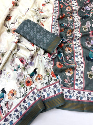Elegant Offwhite & Grey Dola Silk Saree with Floral & Digital Print - Image 2