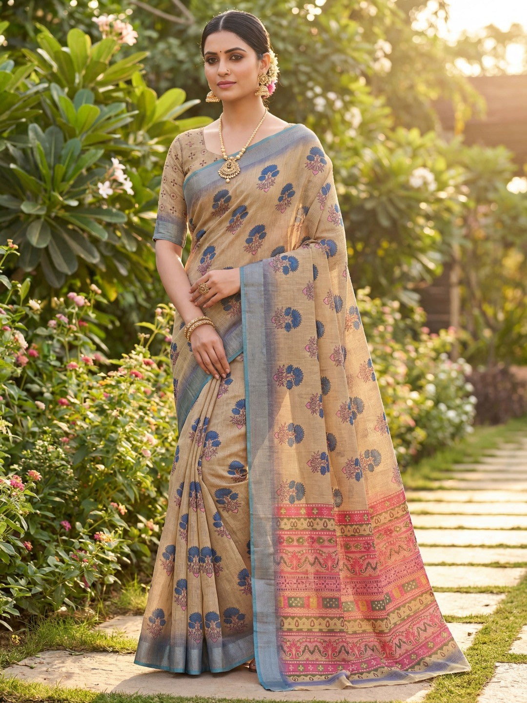 Elegant Floral Printed Chikoo Linen Saree with Traditional Border - Image 1