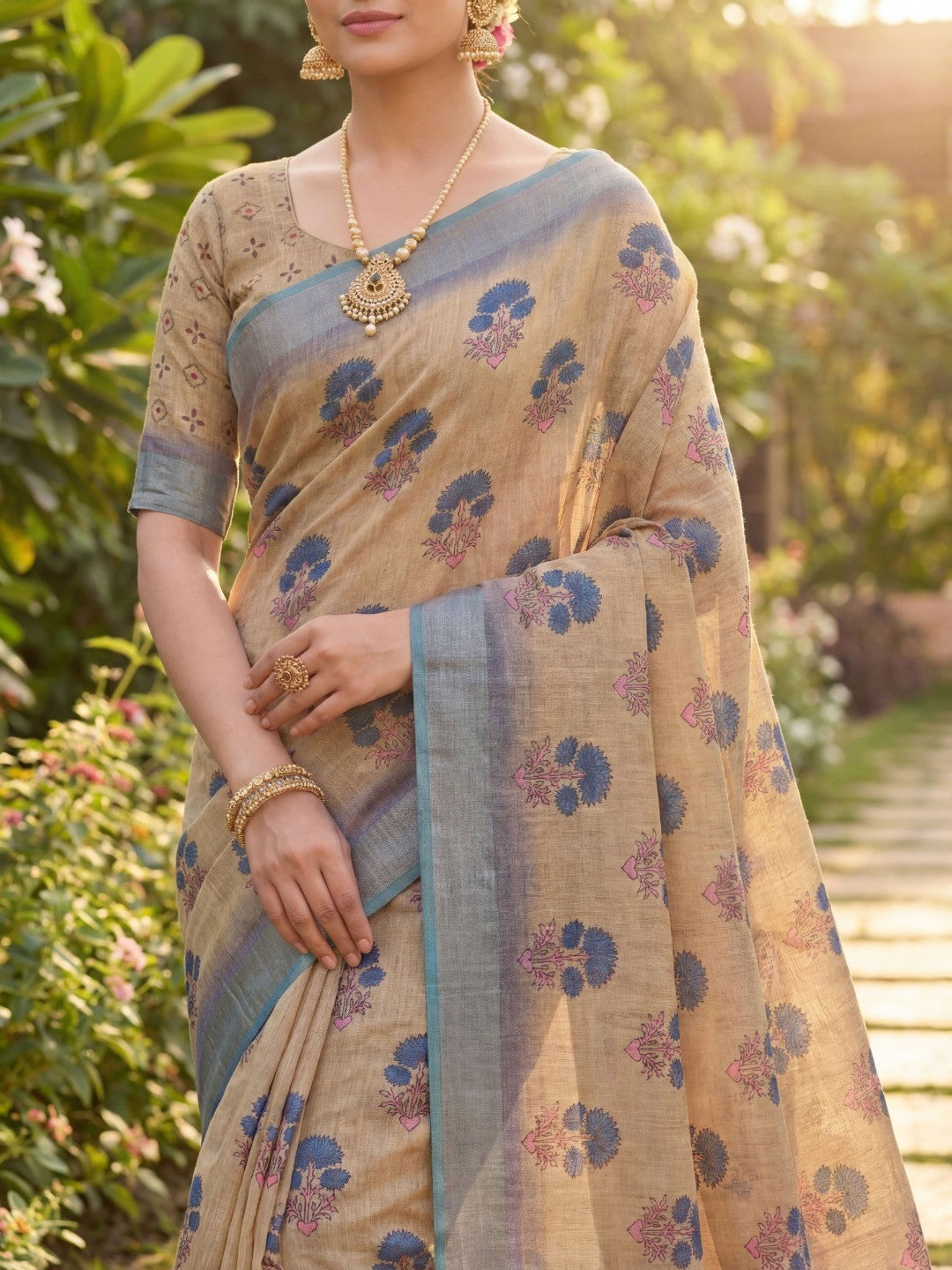 Elegant Floral Printed Chikoo Linen Saree with Traditional Border - Image 4