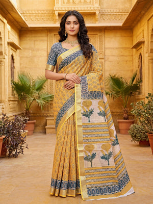 Elegant Mustard Linen Saree with Floral Print and Zari Border - Image 1