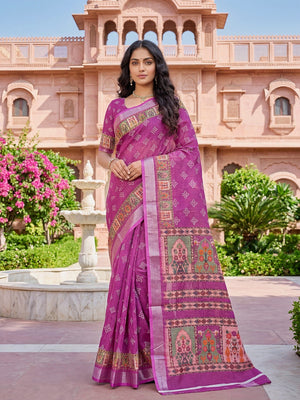 Elegant Magenta Linen Saree with Traditional Jaipuri Print - Image 1