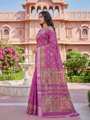 Elegant Magenta Linen Saree with Traditional Jaipuri Print - Image 2