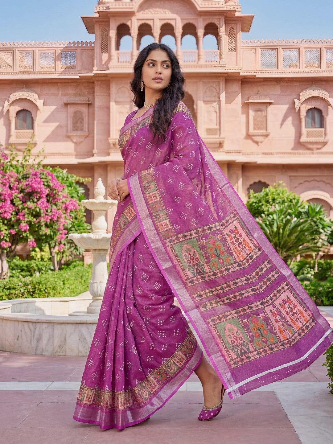 Elegant Magenta Linen Saree with Traditional Jaipuri Print - Image 4