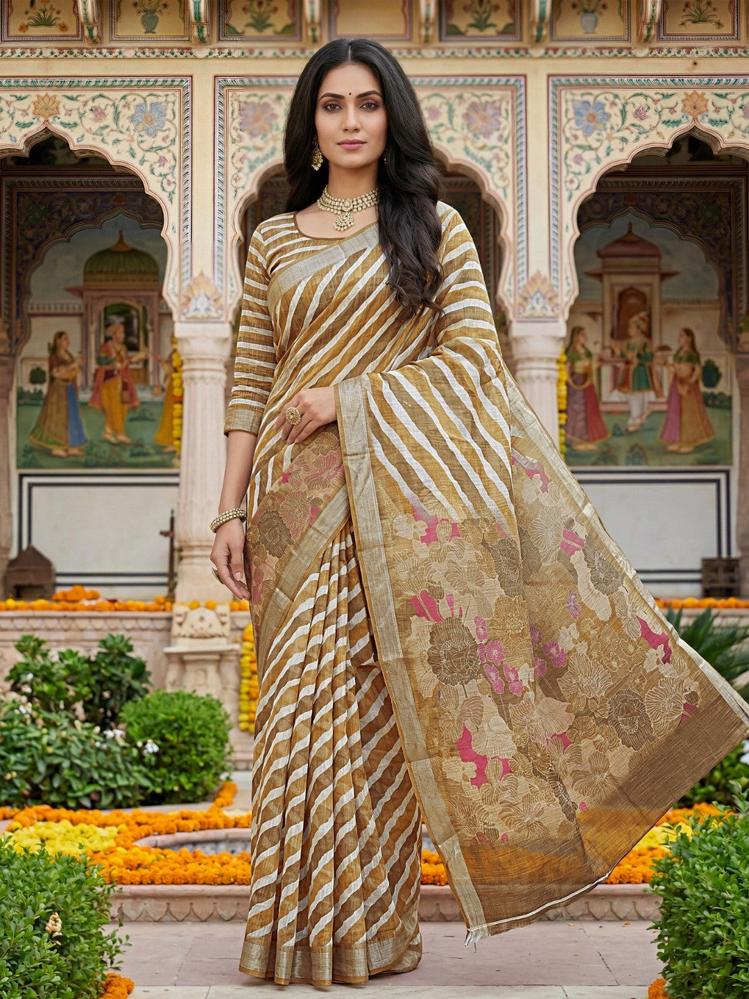 Elegant Beige Leheriya Linen Saree with Floral Pallu - Image 1