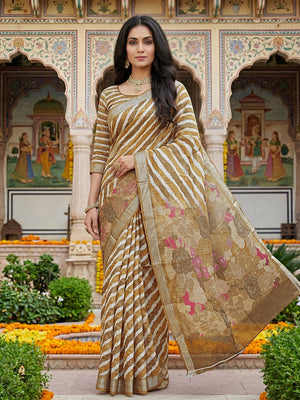 Elegant Beige Leheriya Linen Saree with Floral Pallu - Image 1
