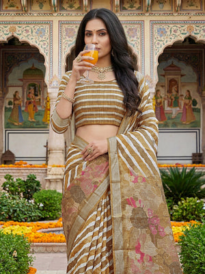 Elegant Beige Leheriya Linen Saree with Floral Pallu - Image 2