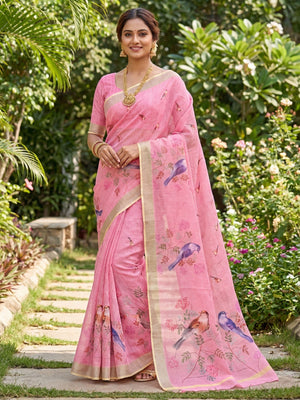Elegant Pink Linen Saree with Charming Bird Motif Digital Prints - Image 1
