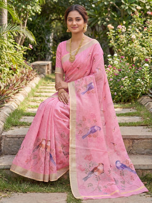 Elegant Pink Linen Saree with Charming Bird Motif Digital Prints - Image 2