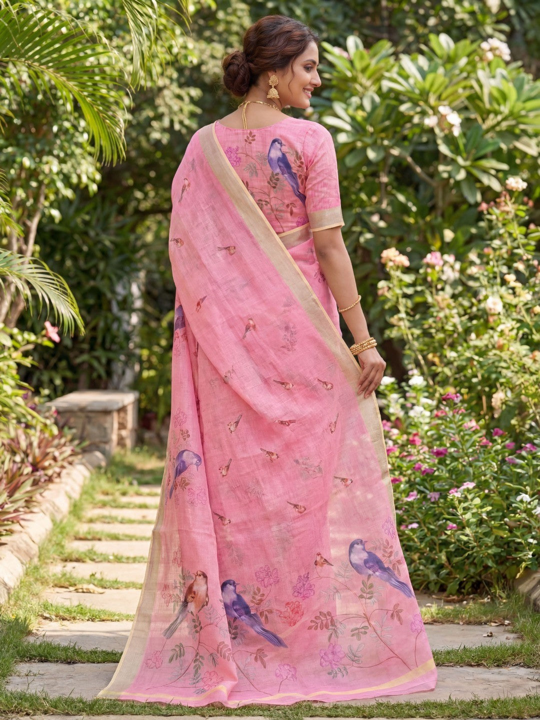 Elegant Pink Linen Saree with Charming Bird Motif Digital Prints - Image 3