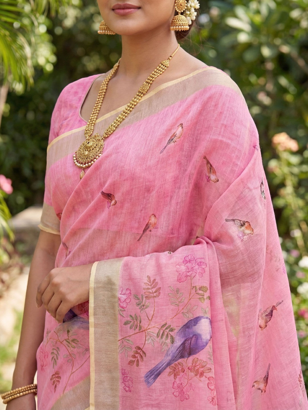 Elegant Pink Linen Saree with Charming Bird Motif Digital Prints - Image 4