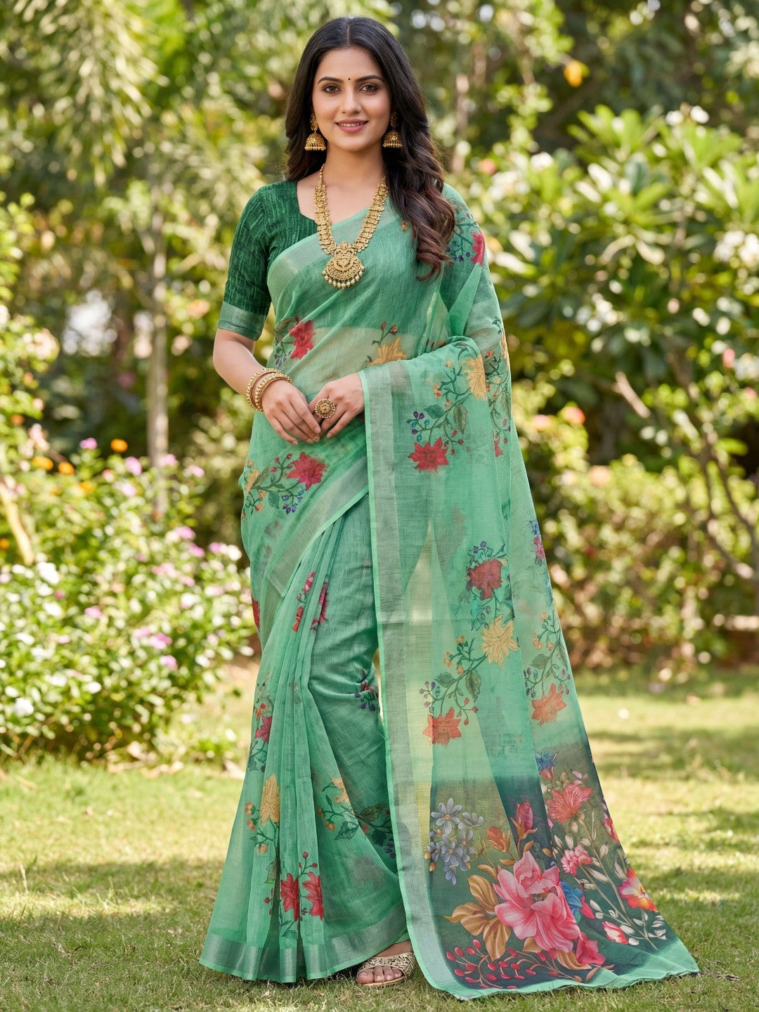 Green Linen Printed Saree with Sophisticated Floral Design - Image 1