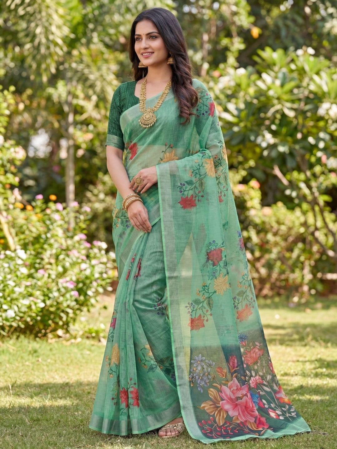 Green Linen Printed Saree with Sophisticated Floral Design - Image 5