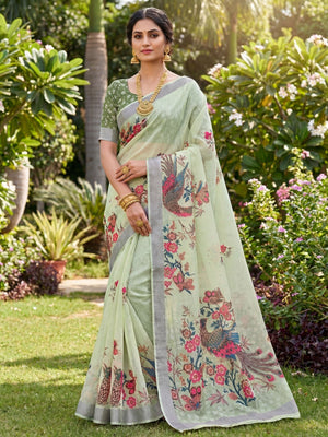 Elegant Sea Green Linen Saree with Floral Digital Print - Image 1