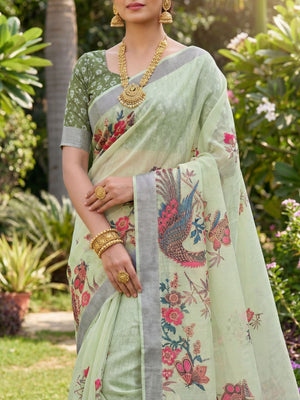 Elegant Sea Green Linen Saree with Floral Digital Print - Image 2