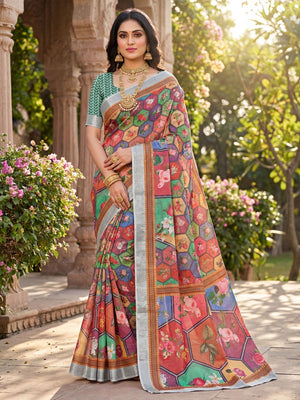 Elegant Brown Geometric Printed Linen Saree with Floral Motifs - Image 1