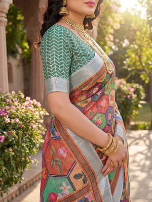 Elegant Brown Geometric Printed Linen Saree with Floral Motifs - Image 2
