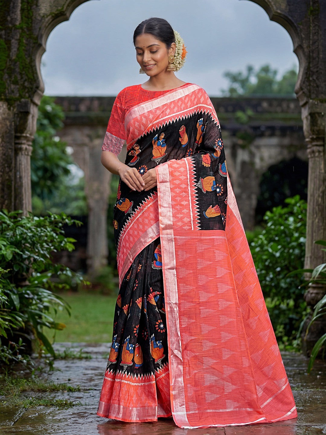 Elegant Black Linen Saree with Traditional Kalamkari Motifs - Image 1