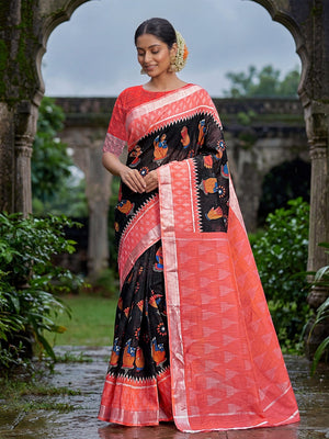 Elegant Black Linen Saree with Traditional Kalamkari Motifs - Image 1