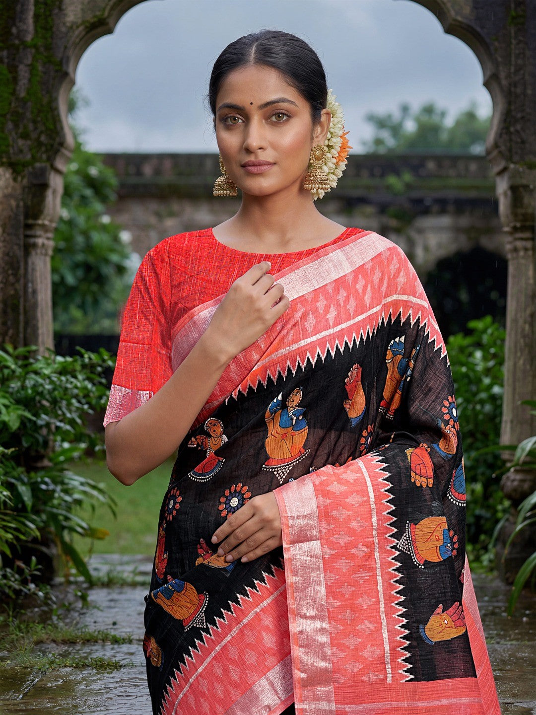 Elegant Black Linen Saree with Traditional Kalamkari Motifs - Image 4