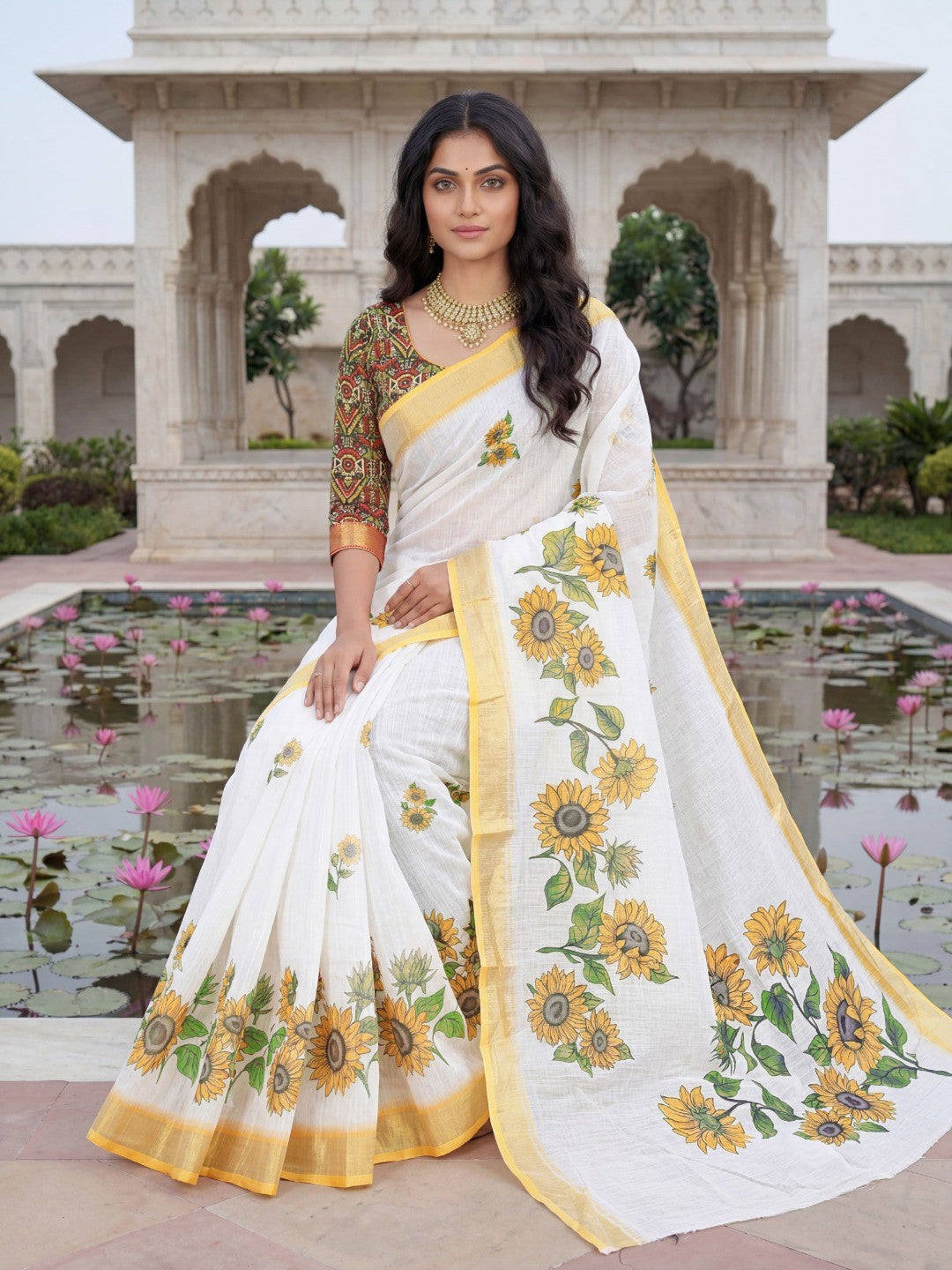 Elegant White Linen Saree with Vibrant Sunflower Floral Print - Image 2