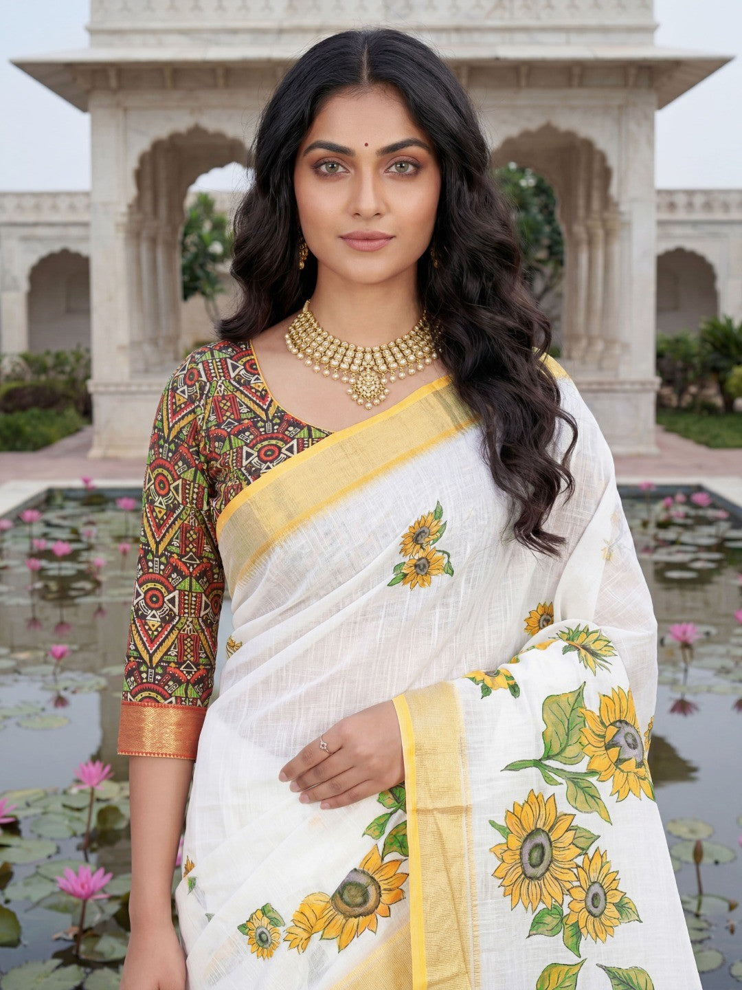 Elegant White Linen Saree with Vibrant Sunflower Floral Print - Image 3