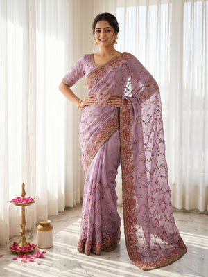 Lavender Georgette Saree with Exquisite Thread Work Embroidery - Image 1