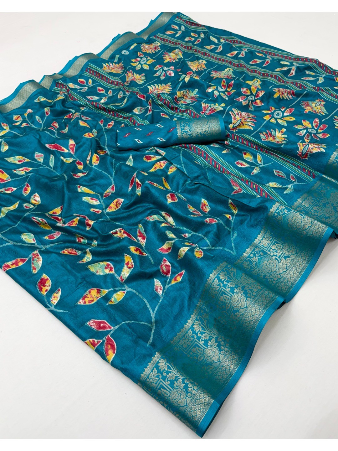Rama Blue Dola Silk Saree with Floral Print and Jacquard Border - Image 3