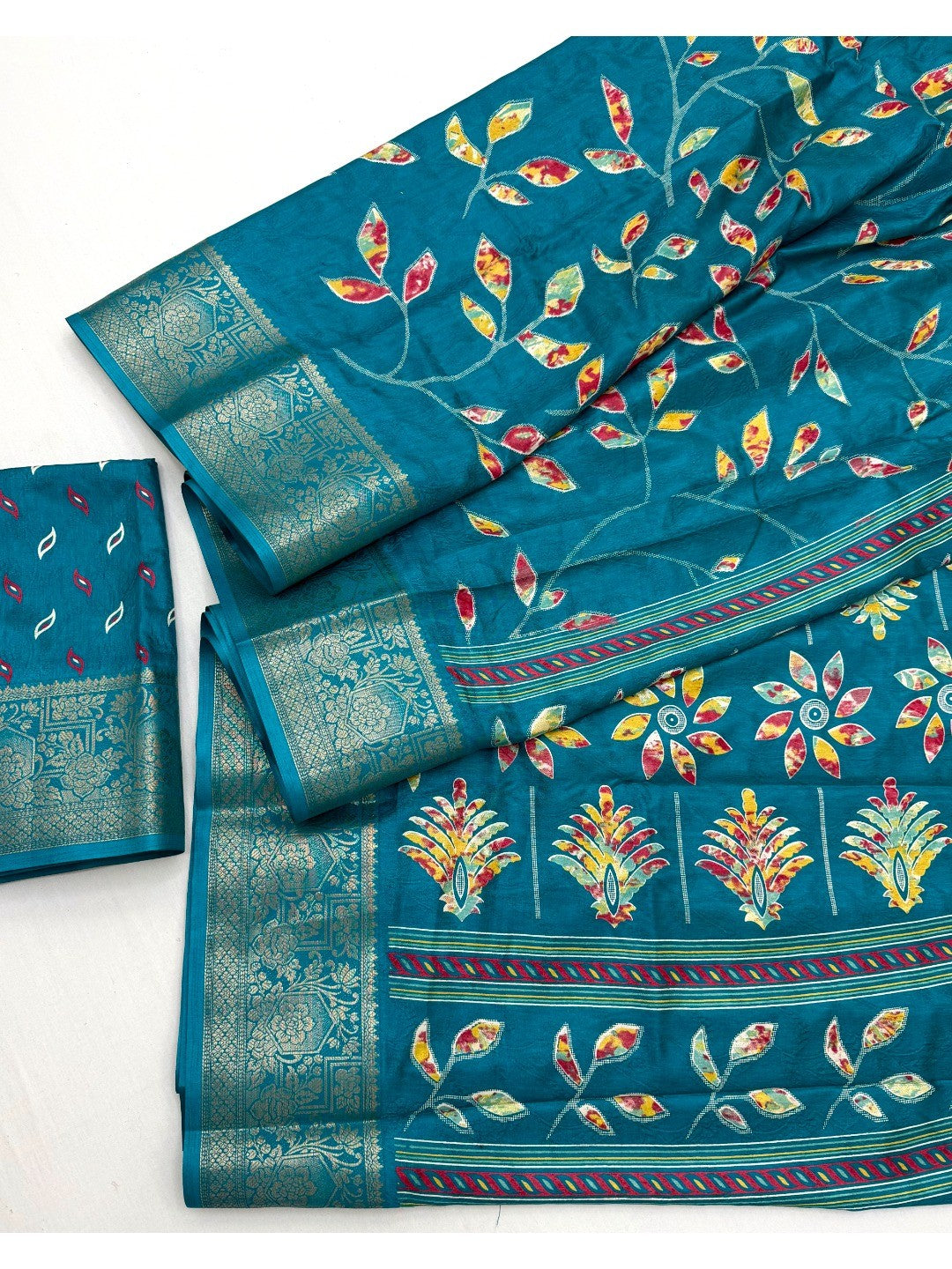 Rama Blue Dola Silk Saree with Floral Print and Jacquard Border - Image 2