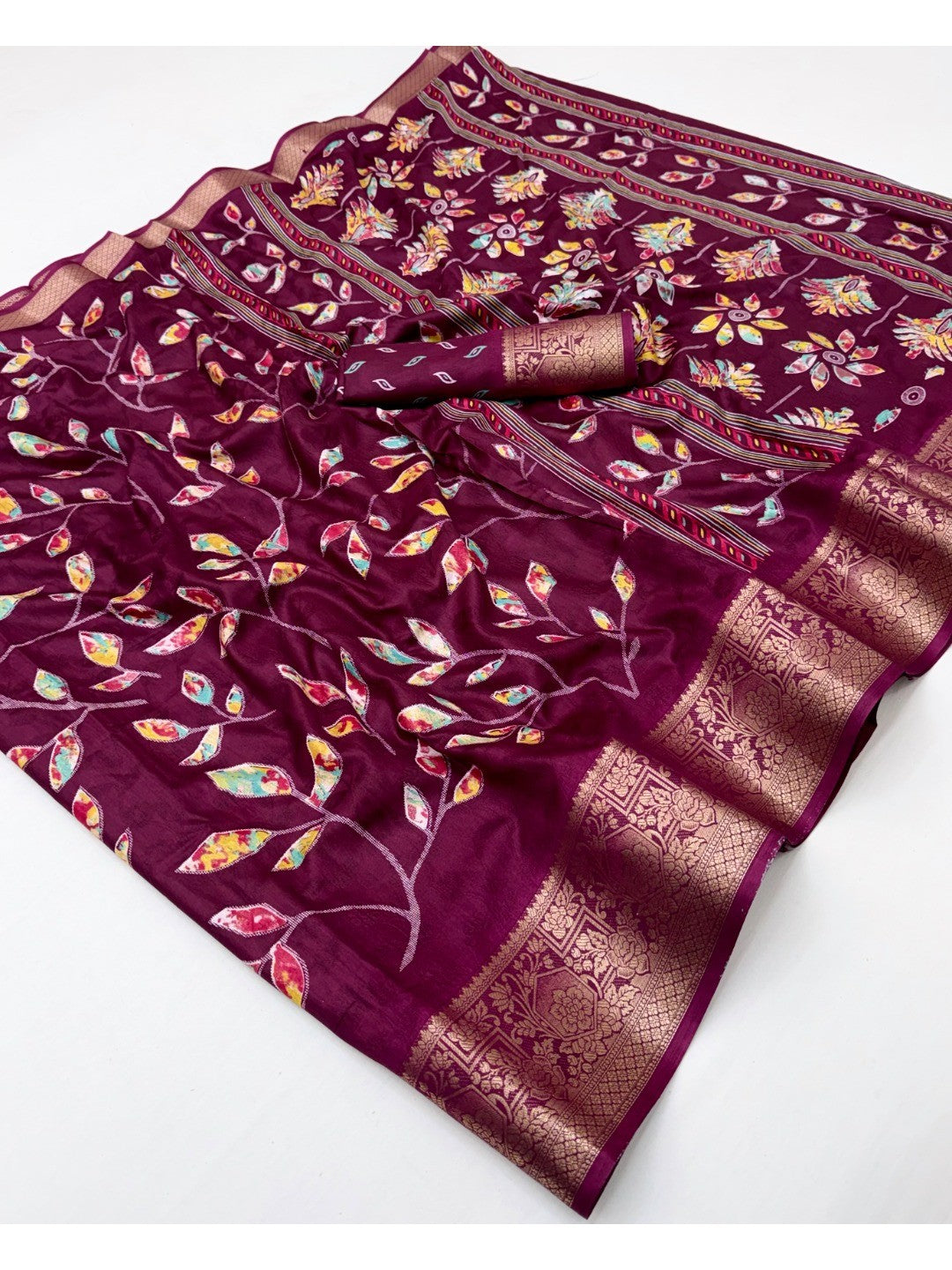 Elegant Wine Dola Silk Saree with Floral Prints and Zari Border - Image 2