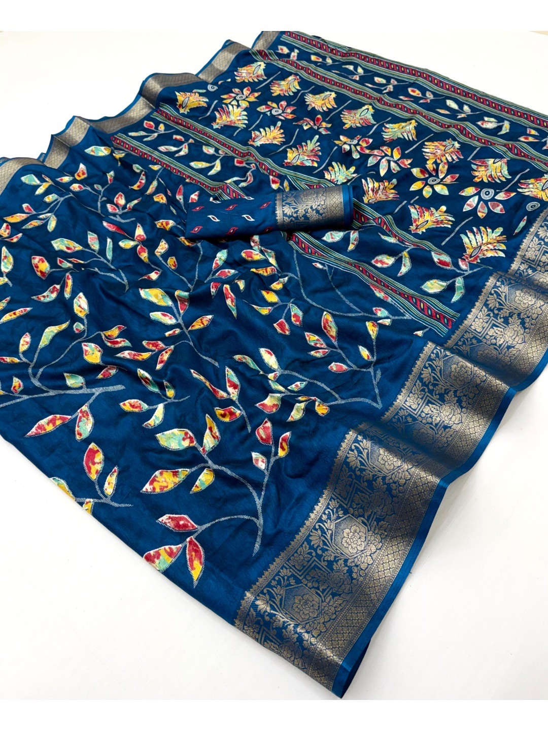 Elegant Blue Dola Silk Saree with Floral Print and Zari Border - Image 3