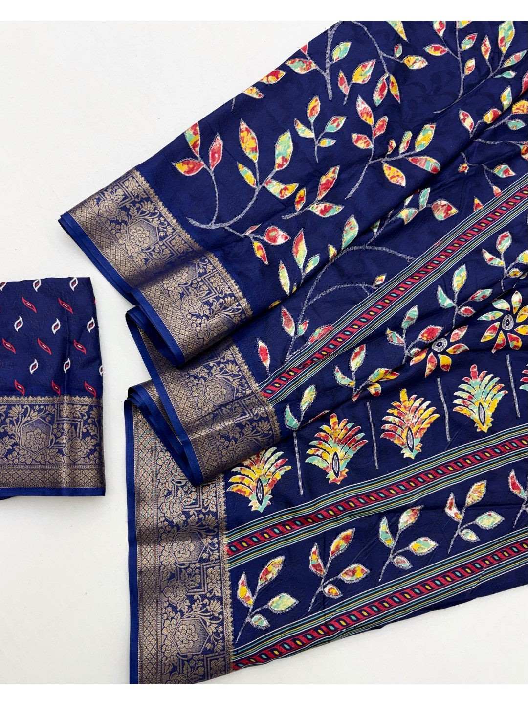 Navy Blue Dola Silk Saree with Floral Print and Jacquard Border - Image 2