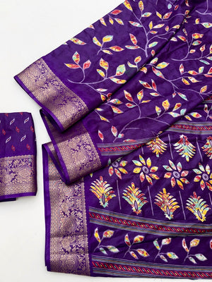 Violet Dola Silk Saree with Floral Print and Rich Jacquard Border - Image 2