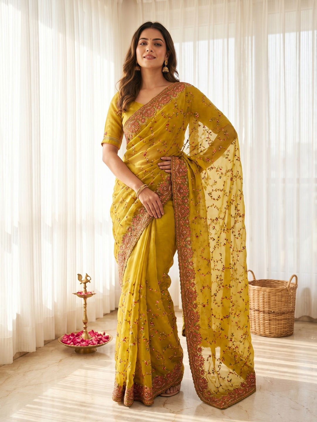 Mustard Georgette Saree with Intricate Floral Thread Work In kashmiri Style - Image 1