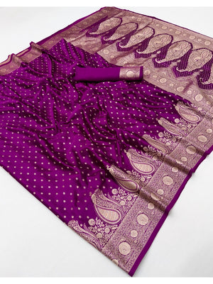 Elegant Purple Paisley Zari Woven Satin Saree with Matching Blouse - Image 2