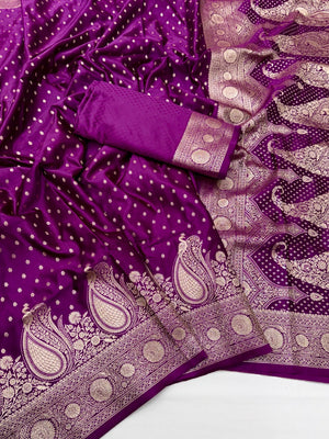 Elegant Purple Paisley Zari Woven Satin Saree with Matching Blouse - Image 2