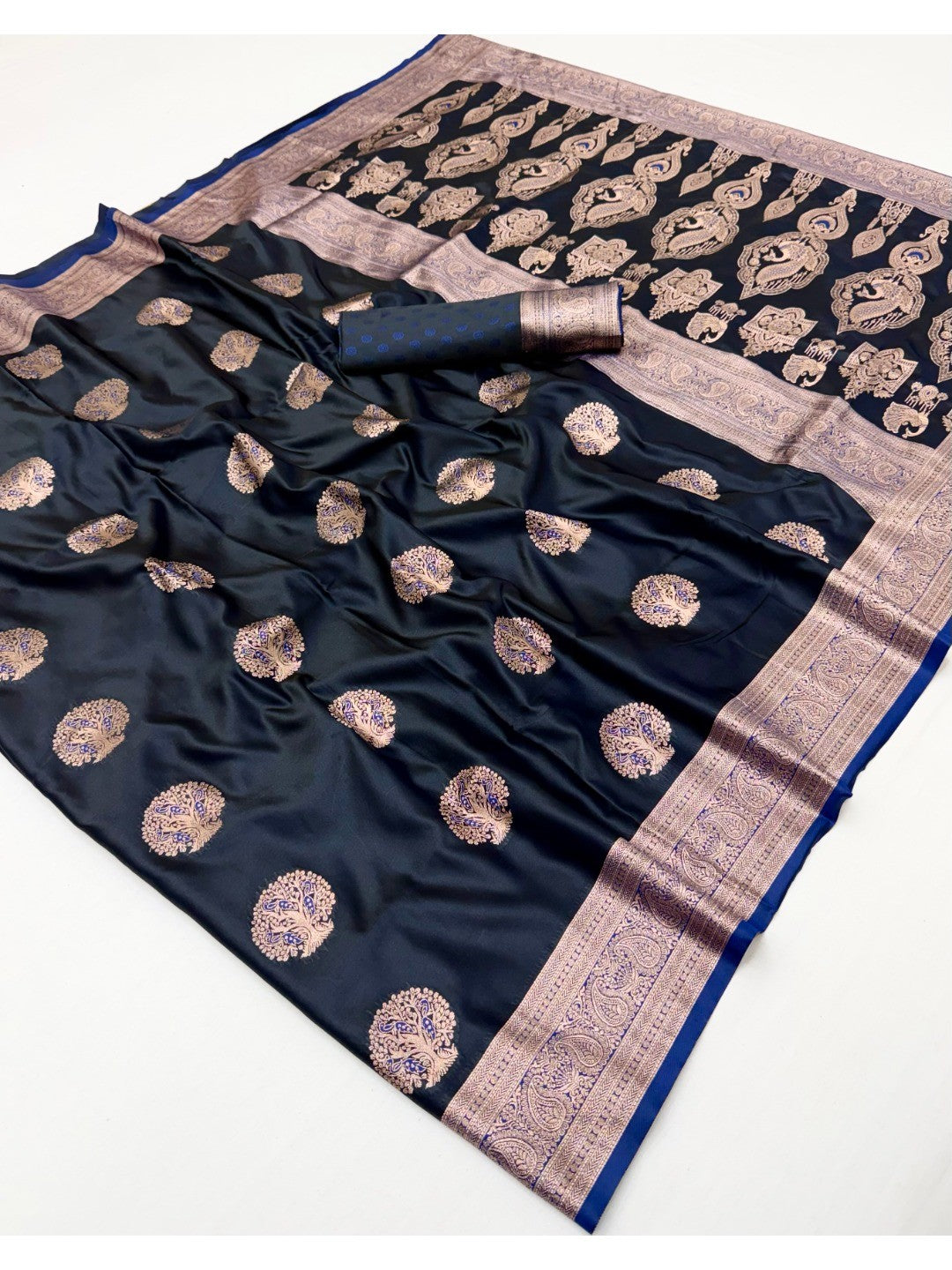 Classic Blue Satin Saree with Elegant Zari Weaving and Floral Motifs - Image 3