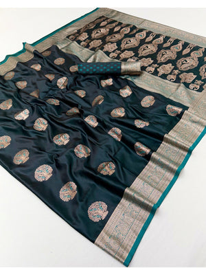 Elegant Morpich Green Satin Saree with Intricate Zari Weaving and Peacock Motif - Image 2
