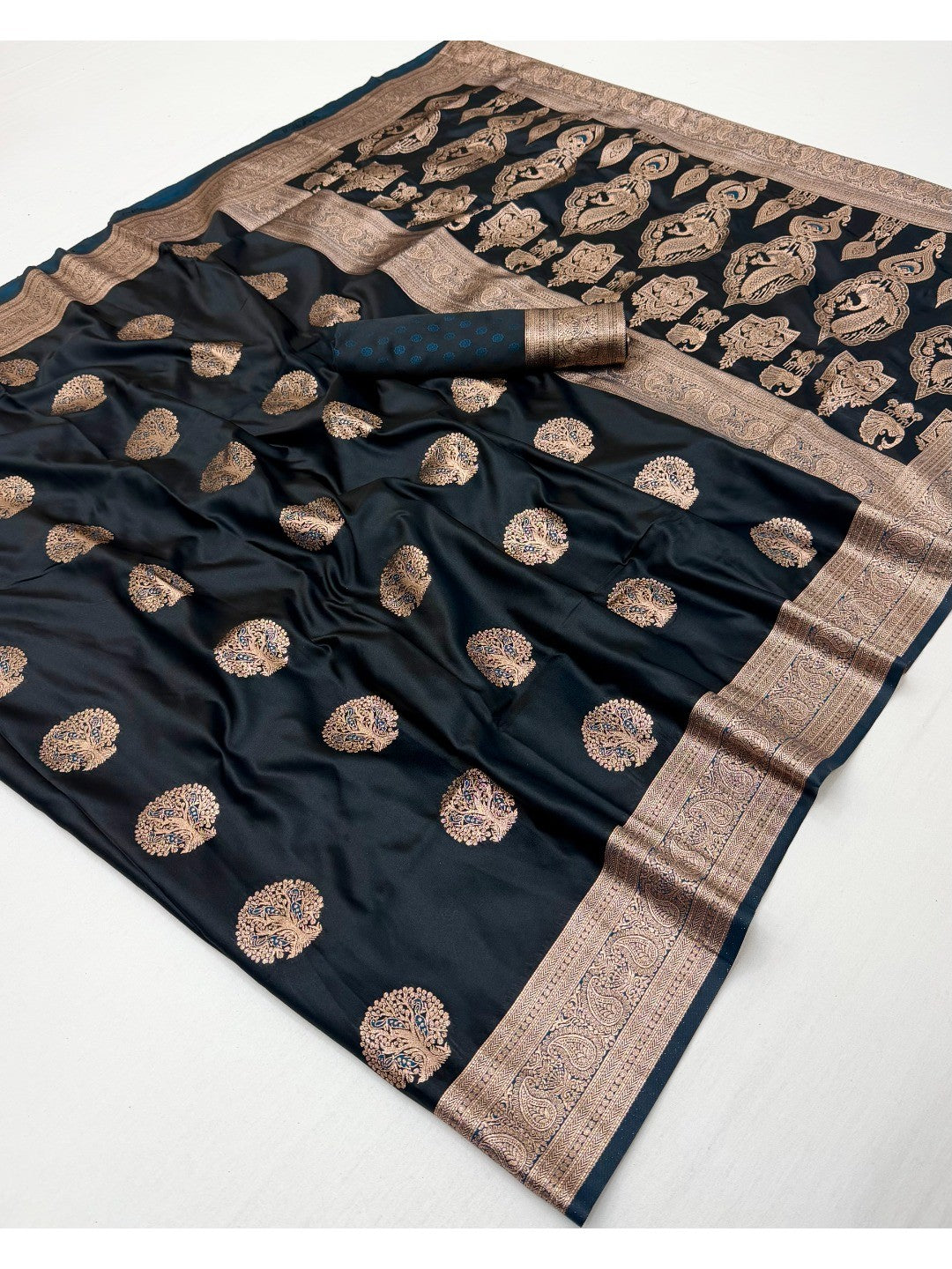 Elegant Black Satin Saree with Sophisticated Zari Weaving and Floral Motifs - Image 2