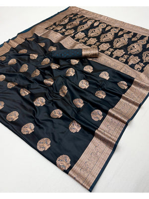 Elegant Black Satin Saree with Sophisticated Zari Weaving and Floral Motifs - Image 2