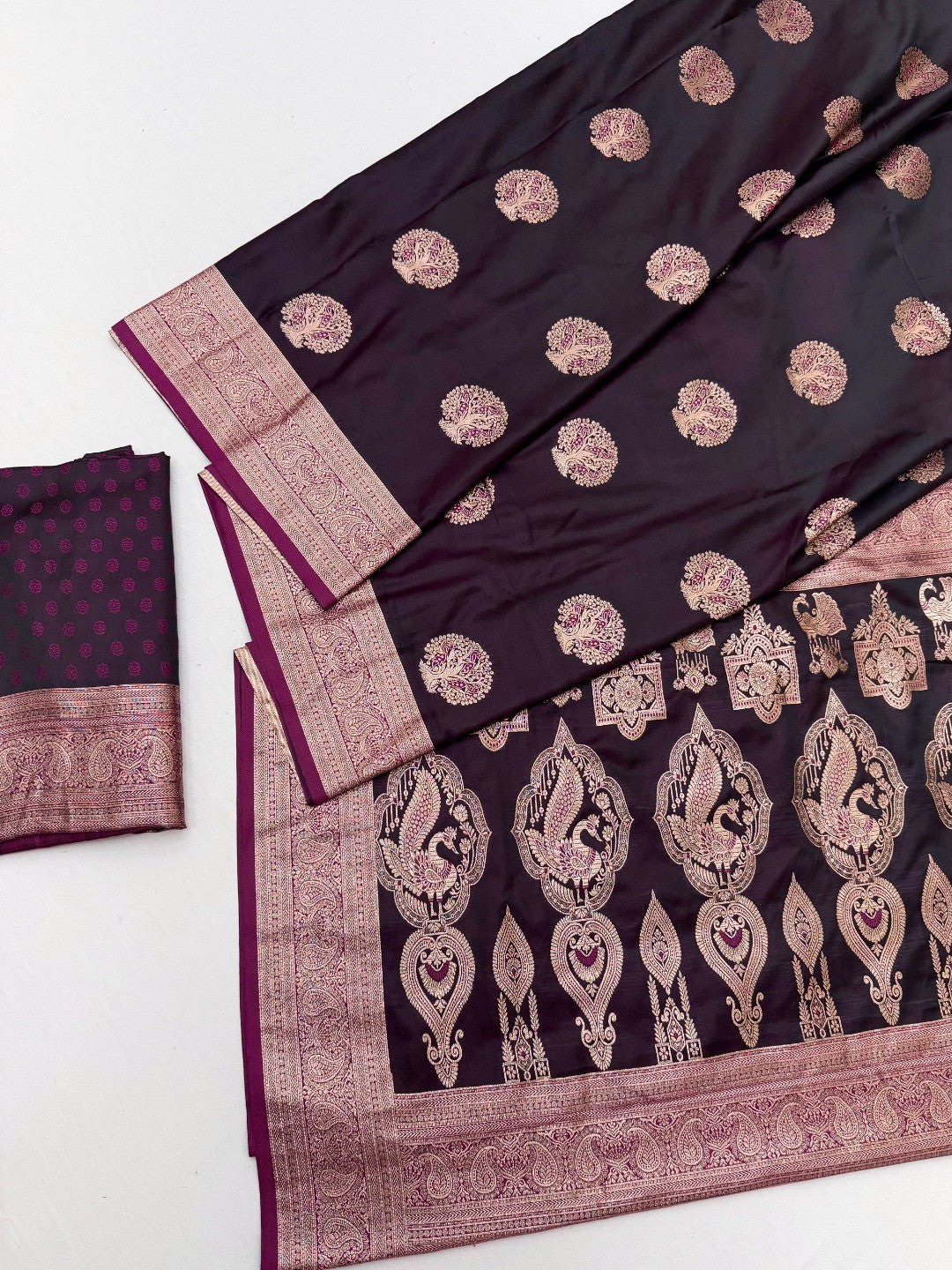 Elegant Wine Satin Saree with Sophisticated Zari Weaving and Floral Motifs - Image 2