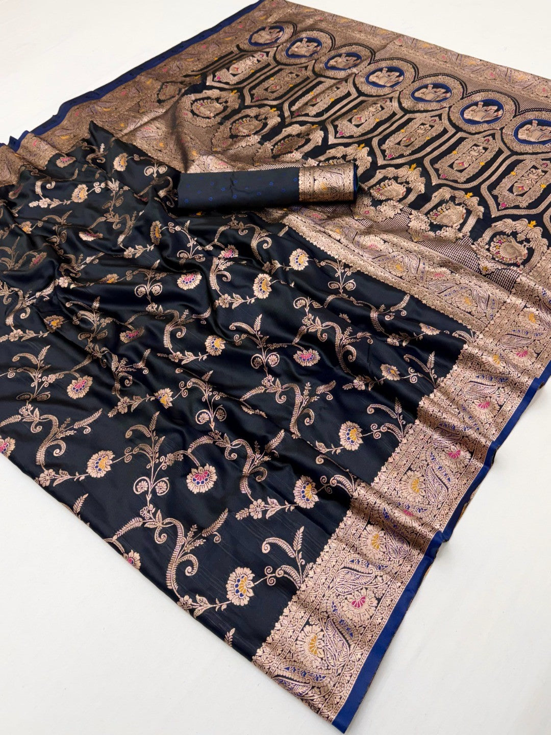 Classic Blue Floral Zari Weaving Satin Silk Saree with Sophisticated Drape - Image 2