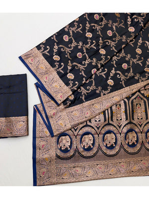 Classic Blue Floral Zari Weaving Satin Silk Saree with Sophisticated Drape - Image 2