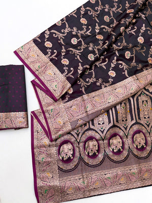 Elegant Wine Satin Silk Saree with Classic Floral Zari Weaving - Image 2
