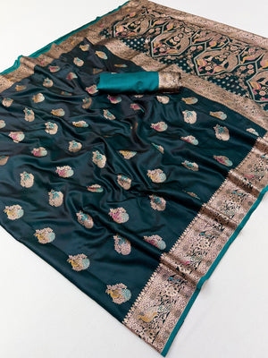 Morpich Green Satin Saree with Elaborate Zari Weaving and Peacock Motifs - Image 2