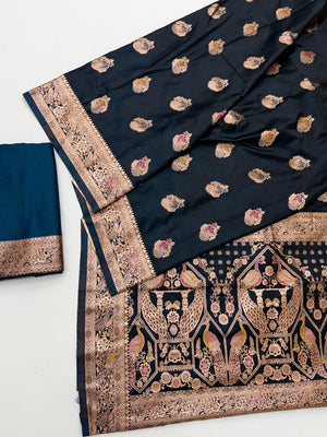 Elegant Teal Satin Zari Weaving Saree with Sophisticated Drape - Image 2