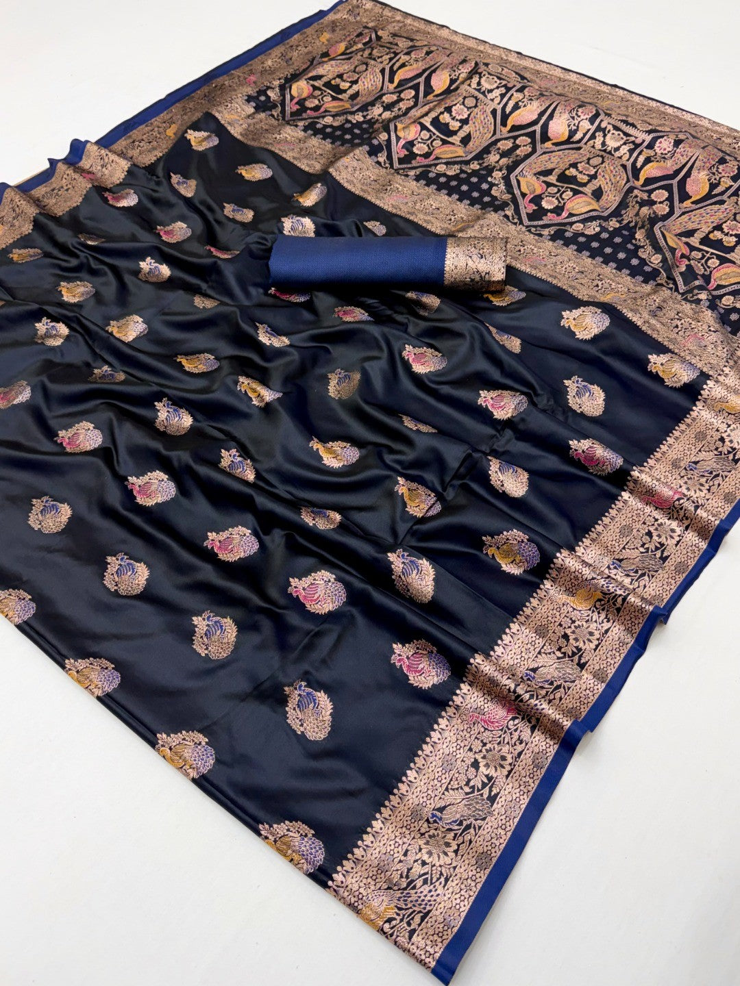 Elegant Navy Blue Satin Saree with Intricate Zari Weaving - Image 3
