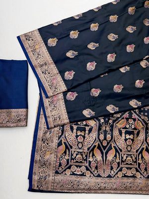 Elegant Navy Blue Satin Saree with Intricate Zari Weaving - Image 2