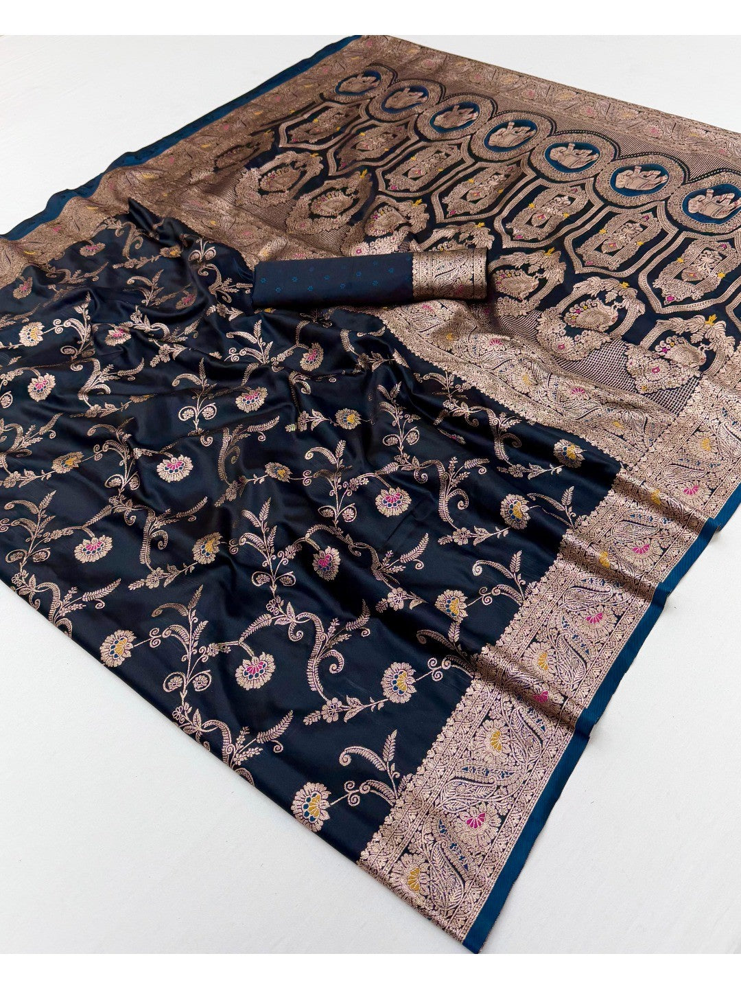 Classic Floral Zari Weaving Teal Satin Silk Saree with Sophisticated Drape - Image 3