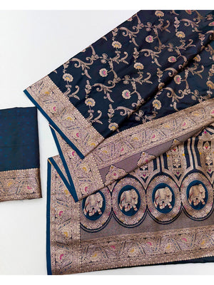 Classic Floral Zari Weaving Teal Satin Silk Saree with Sophisticated Drape - Image 2