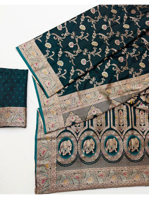 Elegant Green Satin Silk Saree with Intricate Floral Zari Weaving - Image 2